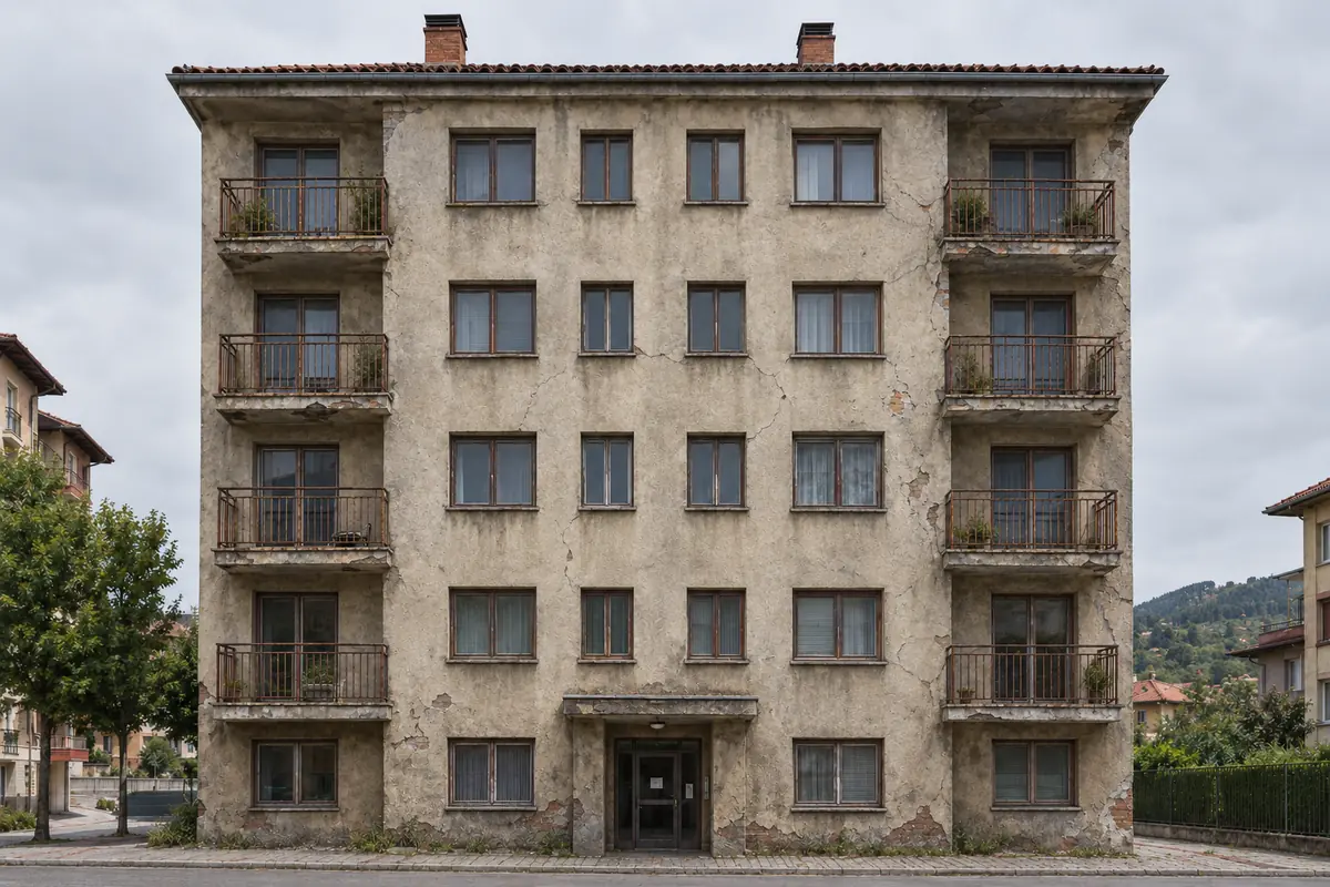Recreación de un edificio con la fachada deteriorada antes de rehabilitar